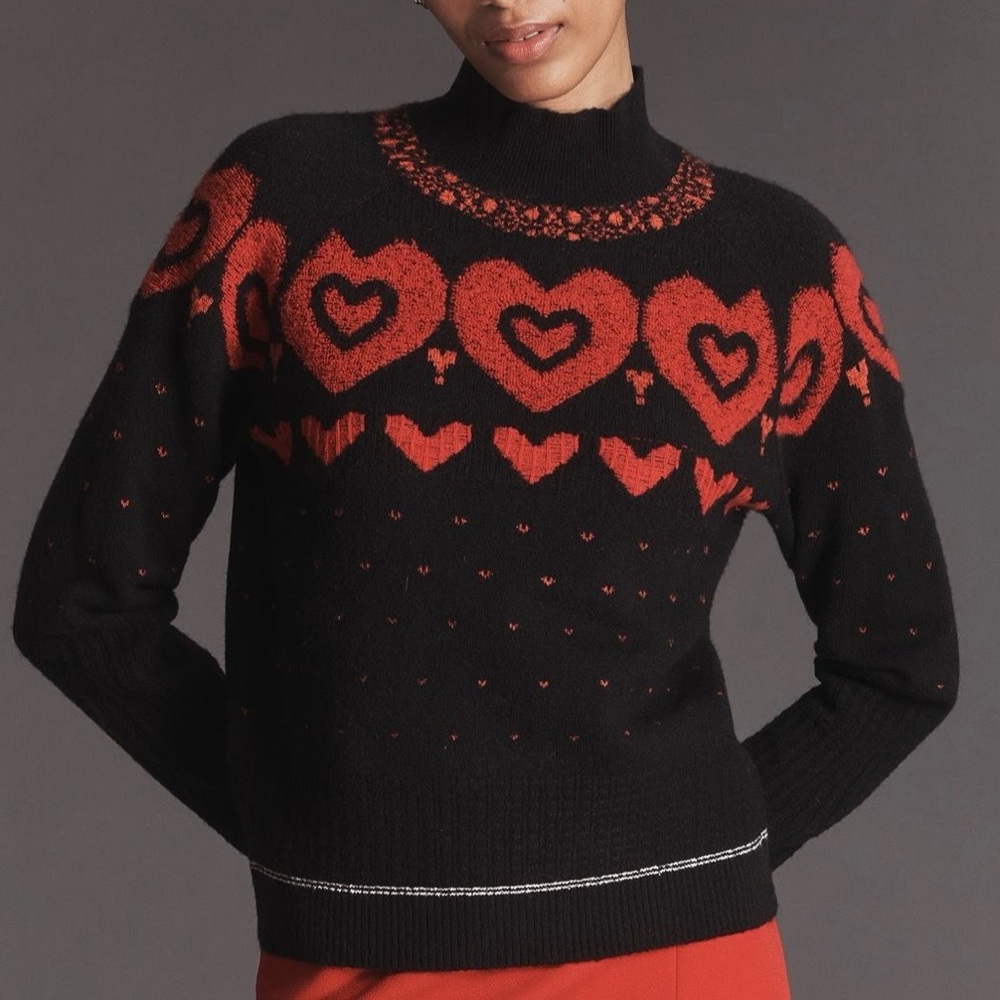Maeve Heart Pattern Black and Red Sweater